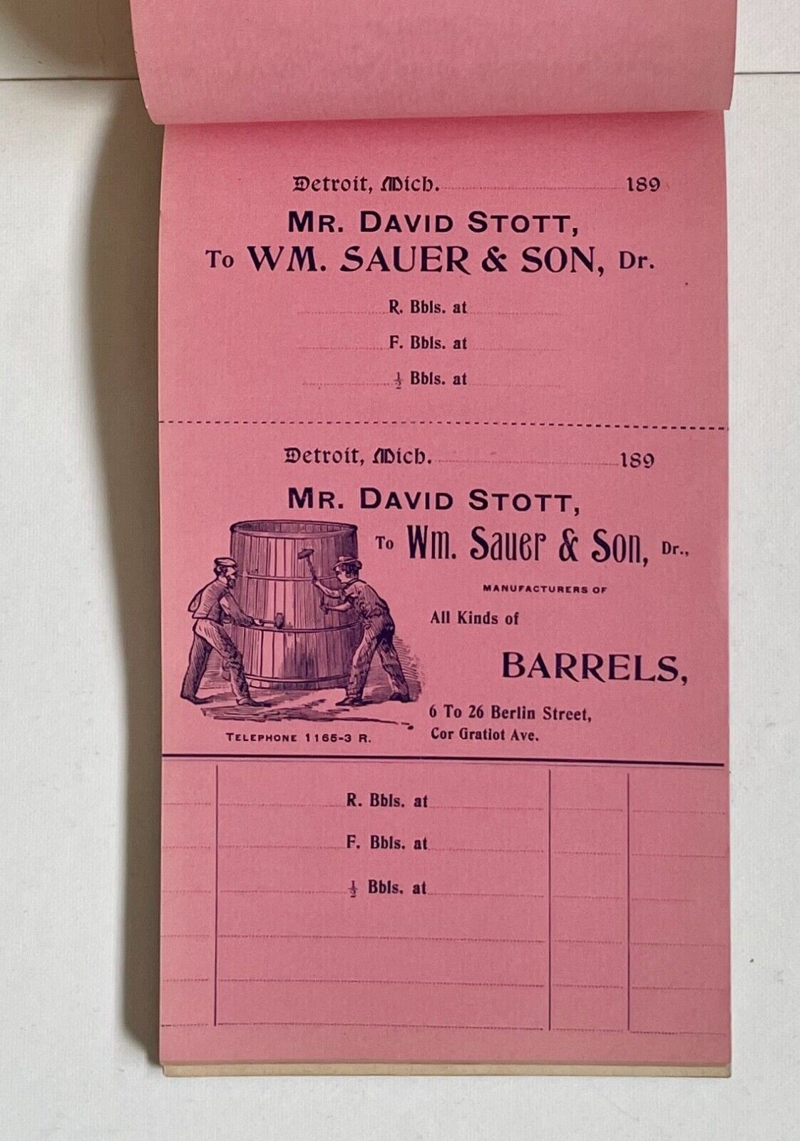 Vintage Early Detroit  Receipt Book  Wm. Sauer  Mfr.  Flour Whiskey Barrels 1875