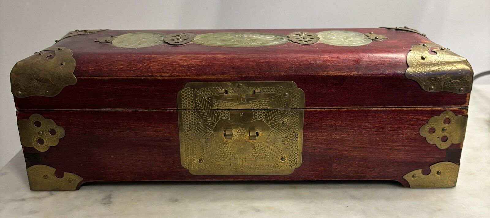 Vintage Chinese Wood Jewelry Box Carved Jade Inlay w/brass Shanghai China