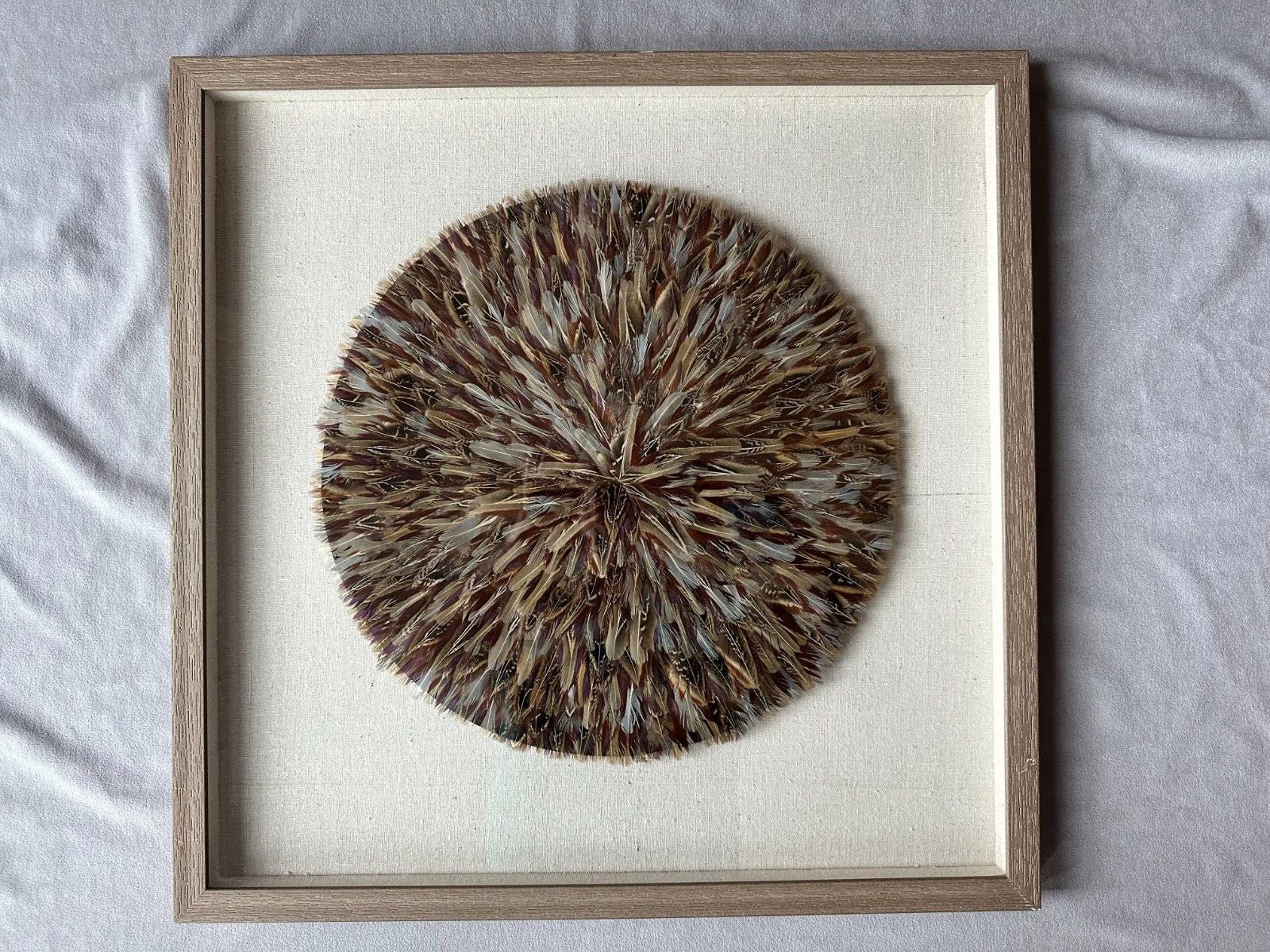 Speckled/Red/Brown/Black/White Bird Feathers Wreath in Shadow Box