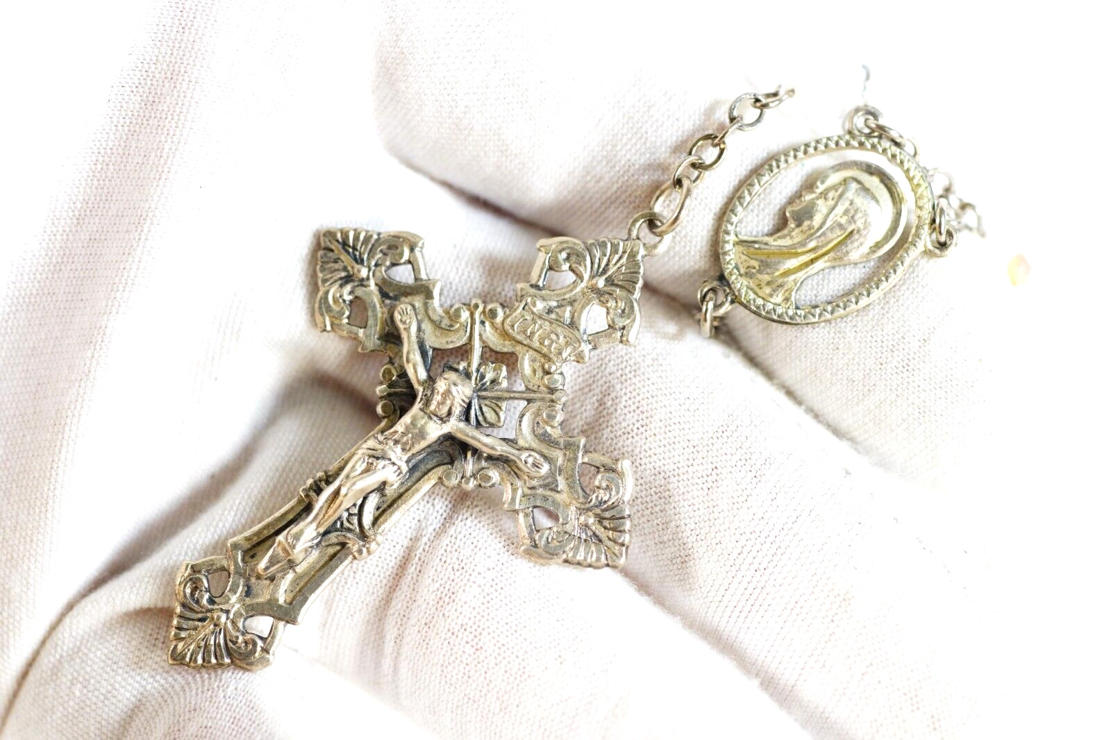 Vintage Chapel Rosary Sterling & Aurora Borealis Crystal Beads Ornate Crucifix