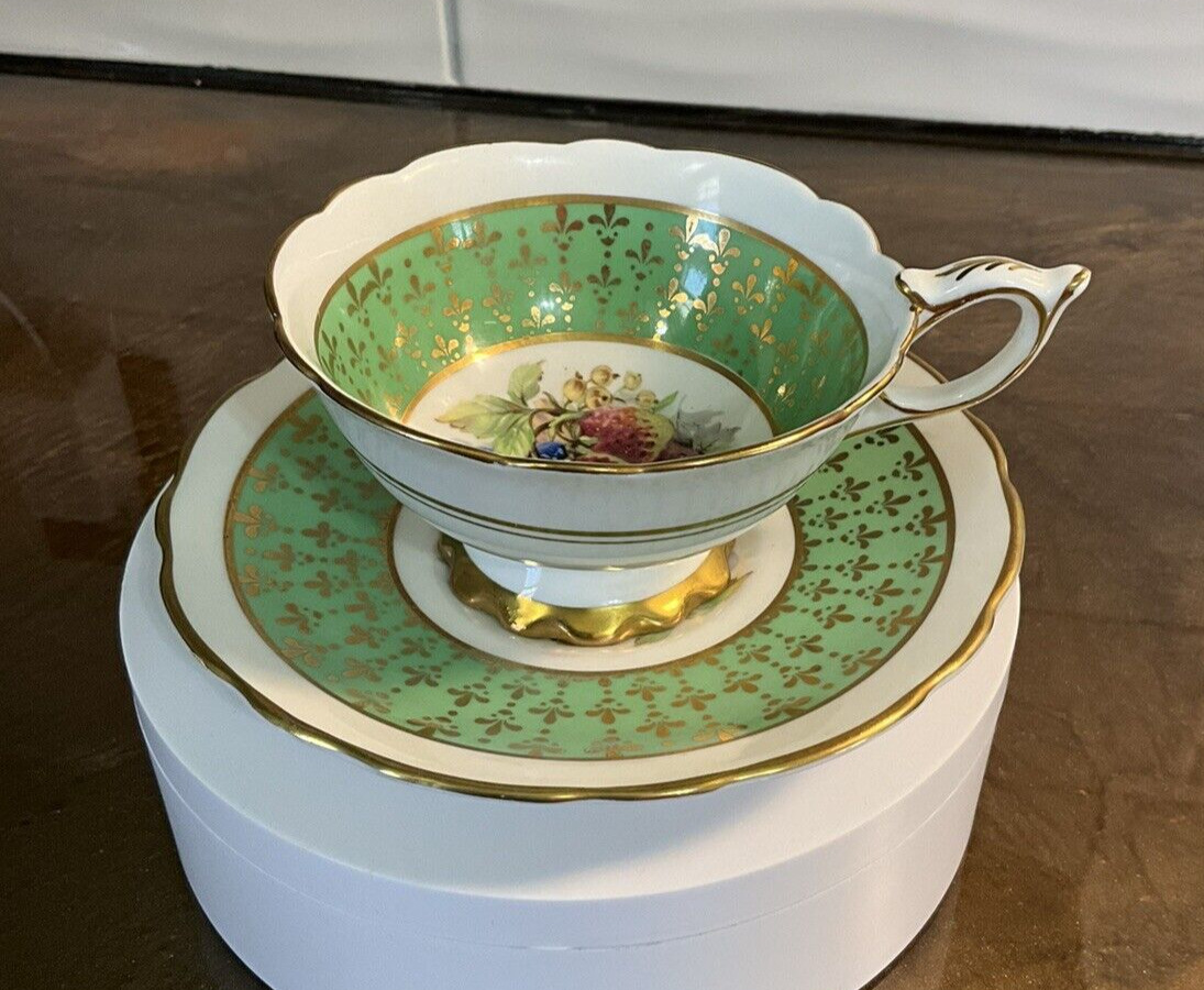 Rare Royal Stafford Green White Gold Gilt Fruit Teacup Saucer hand painted Video