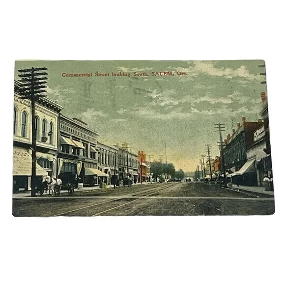 Postcard Commercial Street Looking South Salem Oregon Horse Carriage c1908 A574