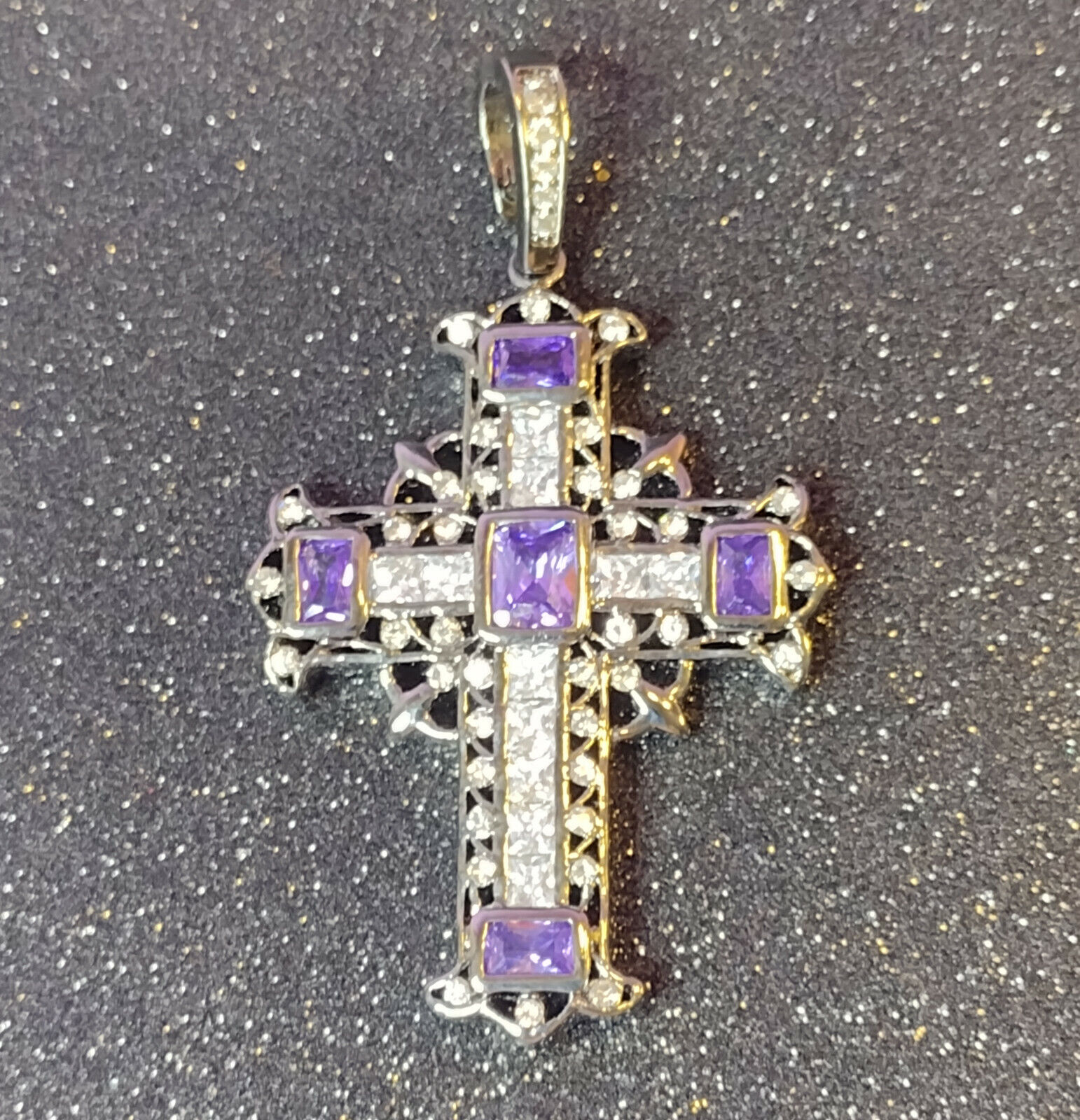Purple Stones Cross Pendant Vintage Art Deco Clear Crystals Black Metal Stunning