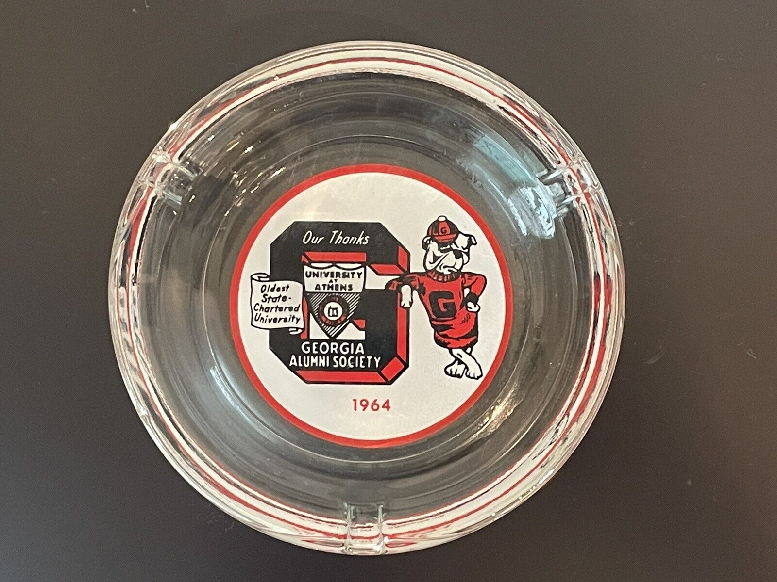 Rare Vintage 1964 University of Georgia Bulldogs Alumni Society Glass Ashtray