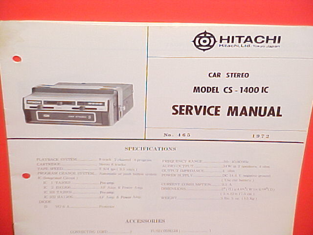 1972 HITACHI 8-TRACK STEREO TAPE PLAYER FACTORY SERVICE MANUAL MODEL CS-1400IC