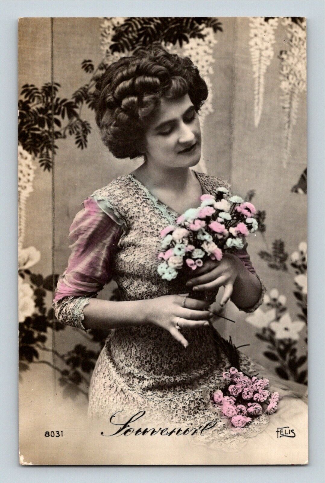 Woman with Curled Hair Parisian Dress Pink Blue Flowers Souvenir RPPC Felis 