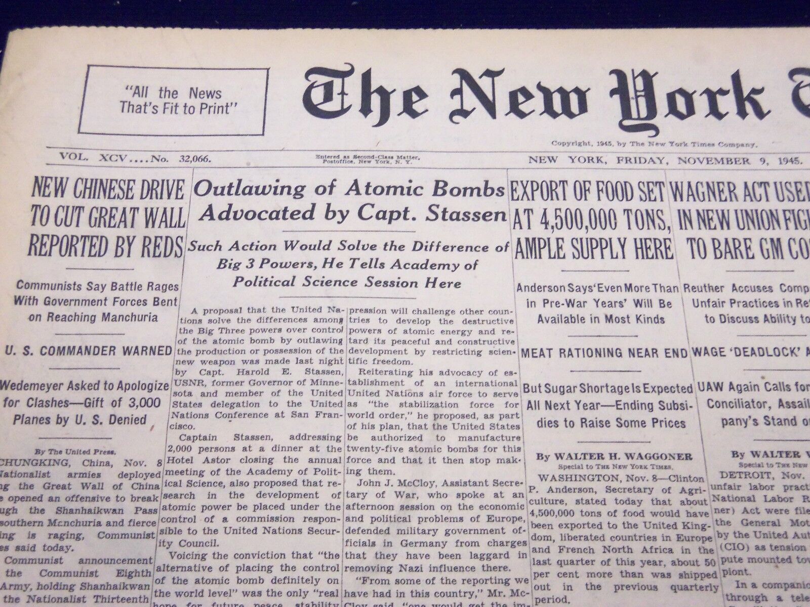 1945 NOV 9 NEW YORK TIMES - OUTLINING OF ATOMIC BOMBS ADVOCATED STASSEN - NT 266