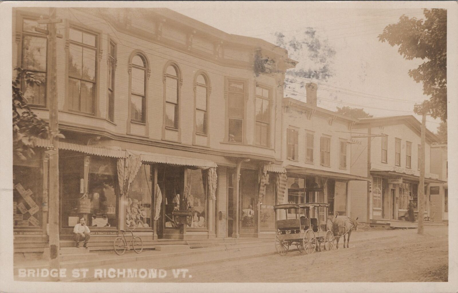 Stores, Post Office, Bicycle Bridge Street Richmond Vermont 1907 RPPC Postcard
