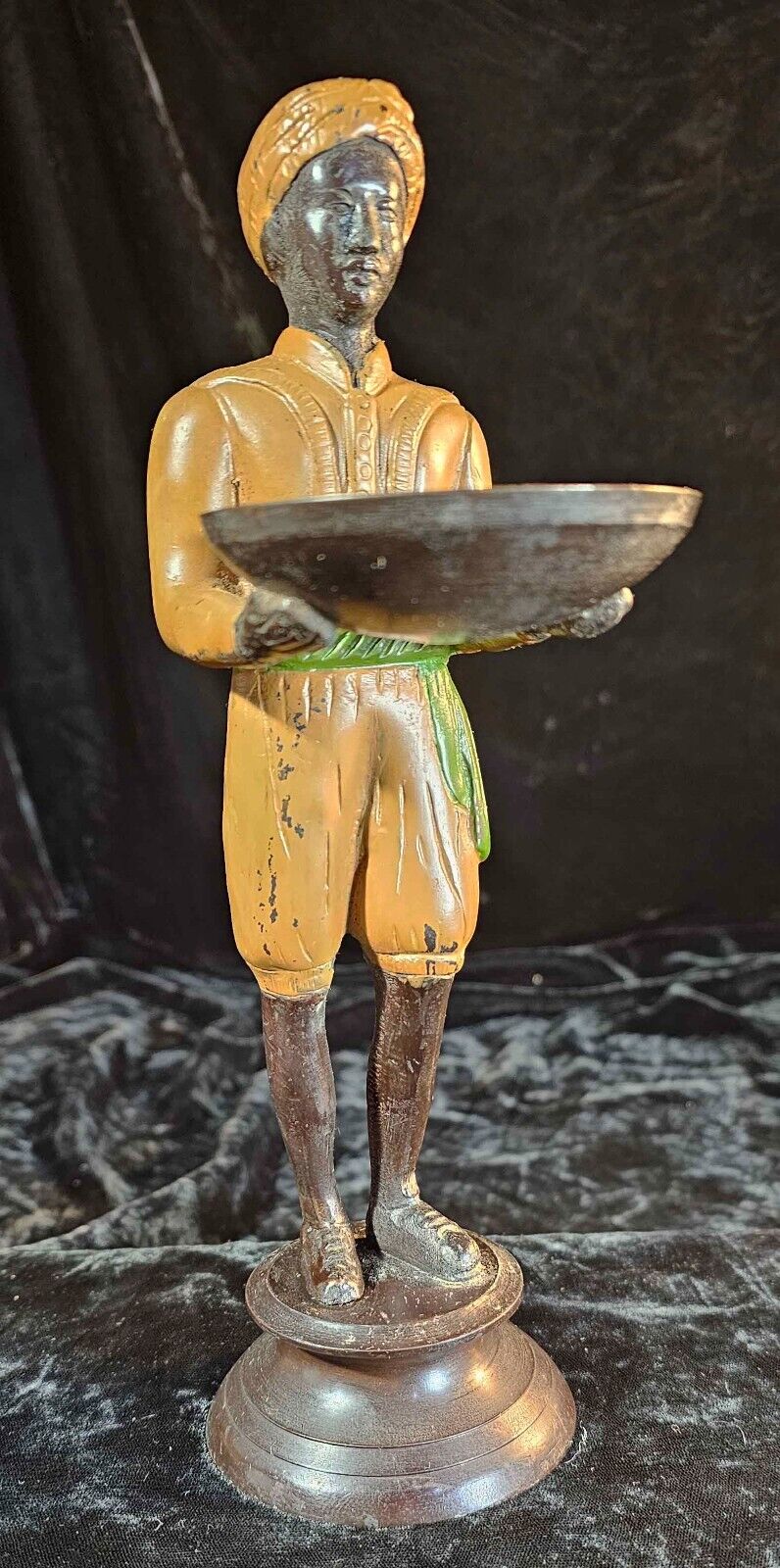 Cold Painted Bronze Blackamoor Statue Figure East India Man Holding Tray