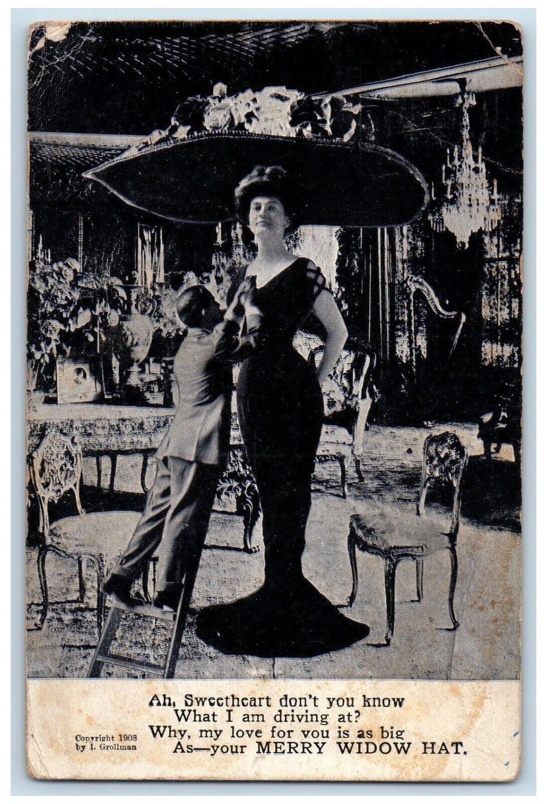 c1910\'s Tall Woman Merry Widow Hat Man Climb Ladder Logan VA Antique Postcard