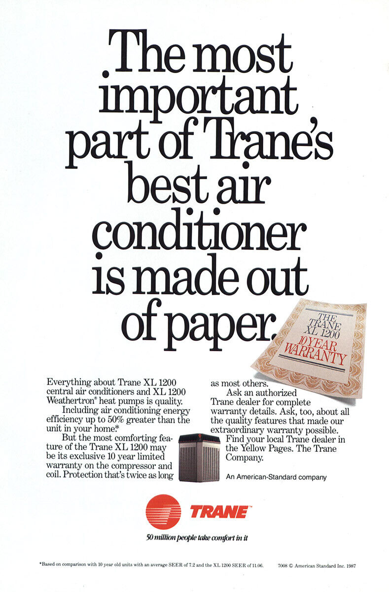 1988 Trane: 10 Year Warranty Vintage Print Ad