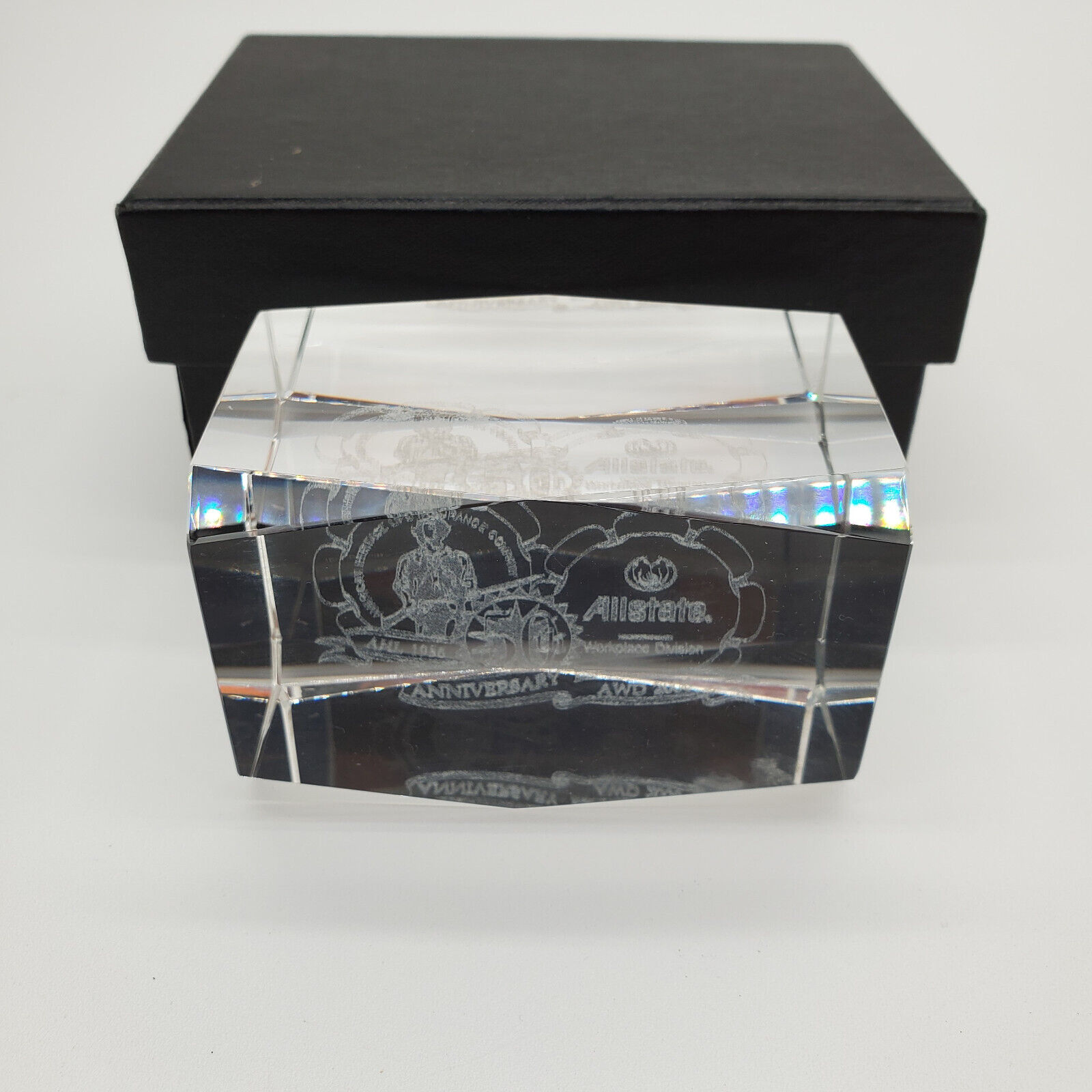 Allstate 2006 Etched Clear Crystal Anniversary Paperweight with Box