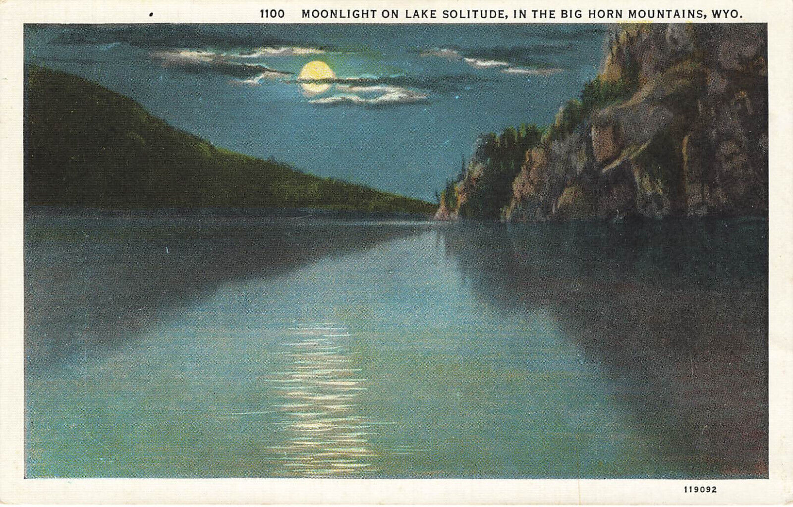 NIGHT MOONLIGHT ON LAKE SOLITUDE POSTCARD BIG HORN MOUNTAINS WY WYOMING 1930s