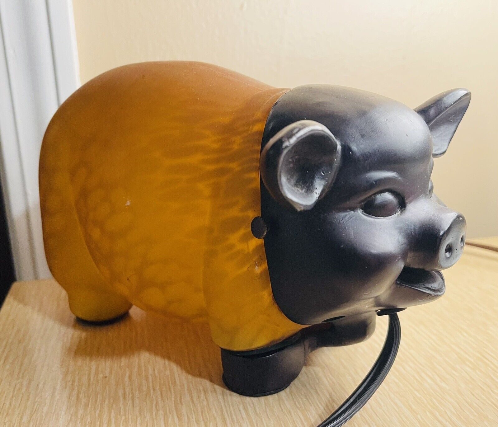 1980s Amber Glass and Metal Pig Figure Lamp Very Heavy Metal RARE
