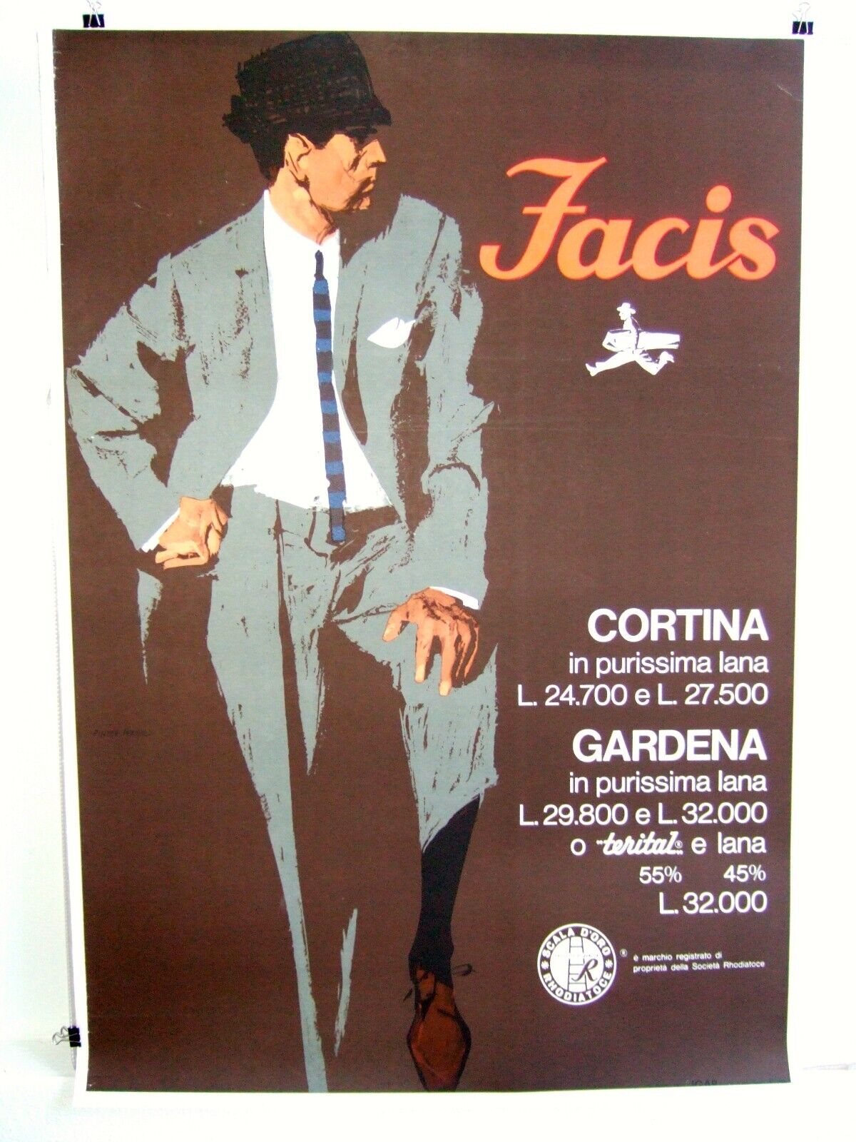 ORIGINAL Italian 1960s advertising poster for Facis menswear.  Linen-backed.