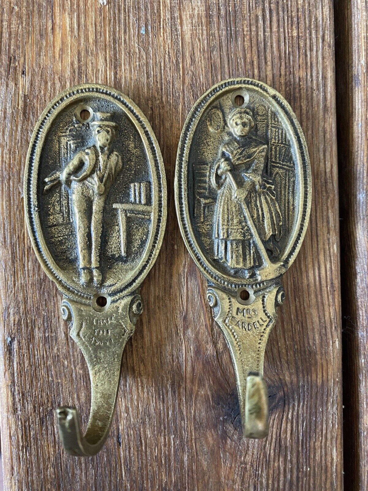 Vintage Pair of Dickens Character Brass Hanging Hooks -The Lawyer & Mrs. Bardell