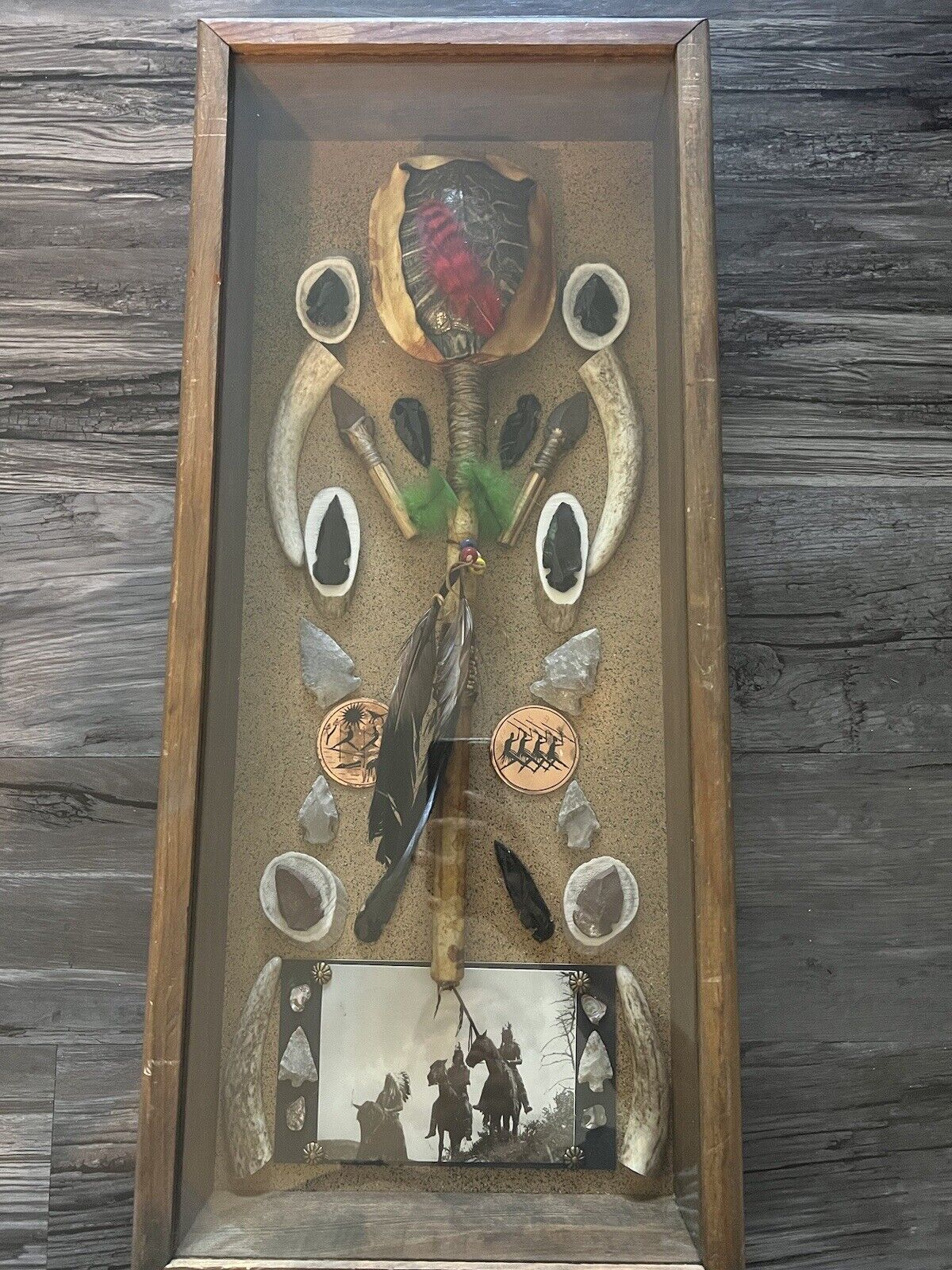 Native American Turtle Rattle Arrowheads in a Shadow Box Rare