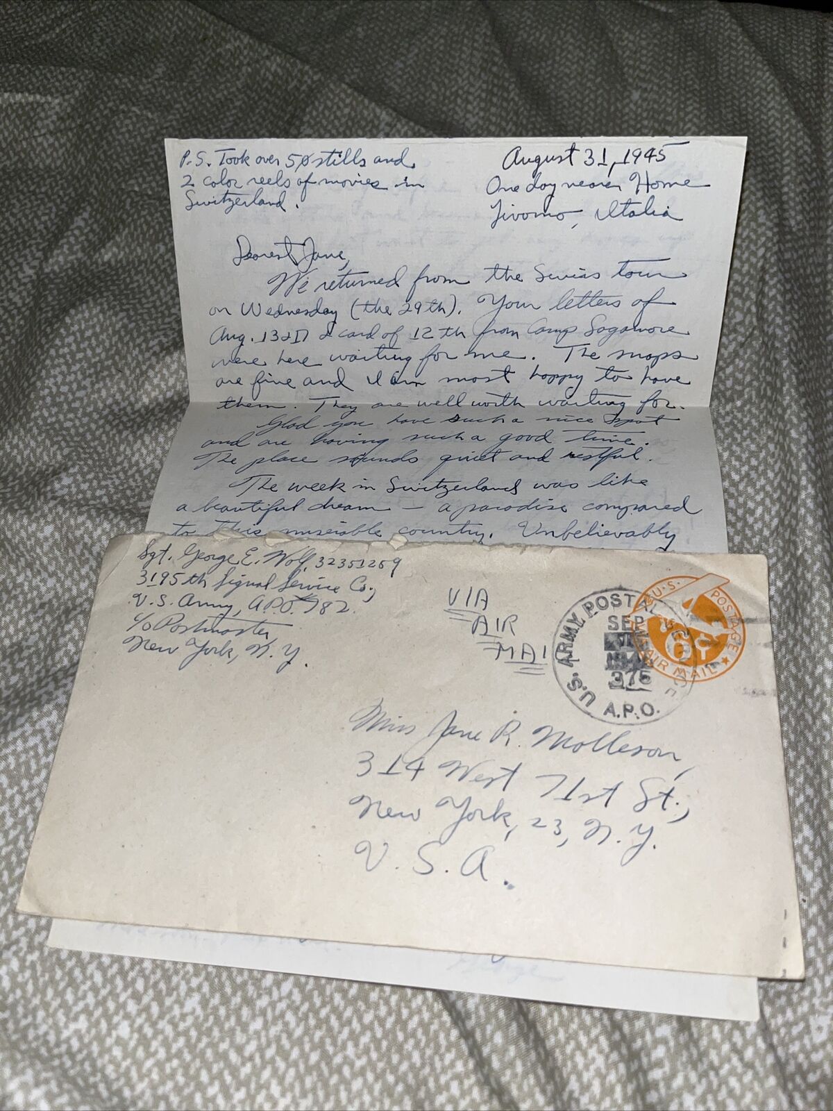1945 WWII Army Sergeant Letter from Italy: 3195 Signal Service Switzerland Trip