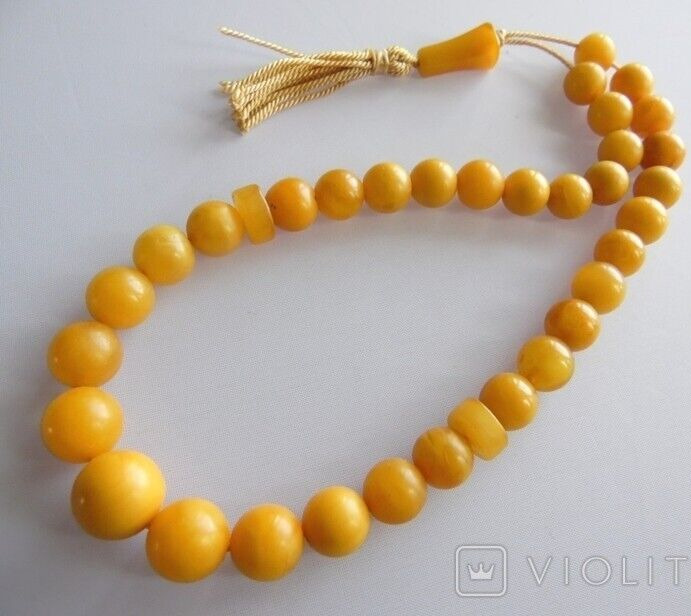 Antique Egg Yolk Baltic Amber Necklace Prayer Islamic 33 Beads 26.5g الماني مغلف