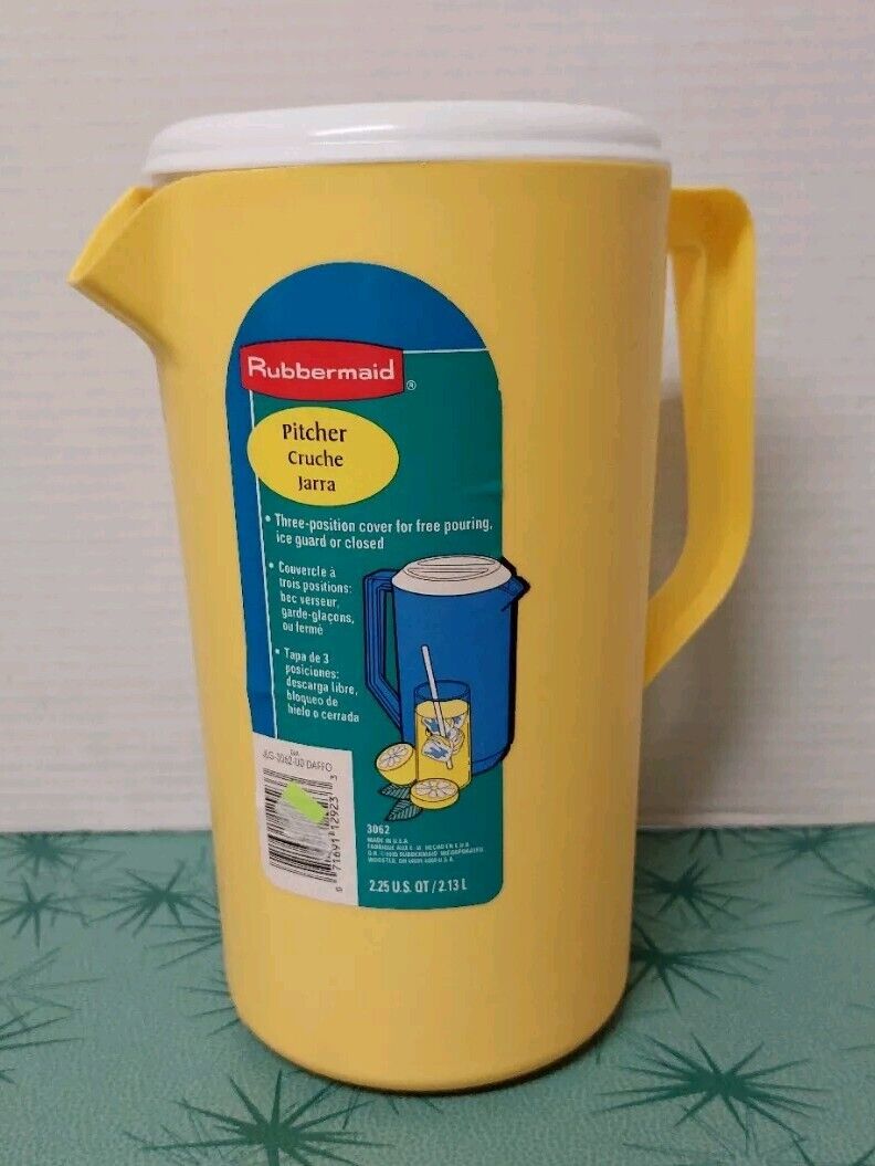 Vtg Rubbermaid 2 1/4 Quarts Yellow Pitcher With White Lid #J2445