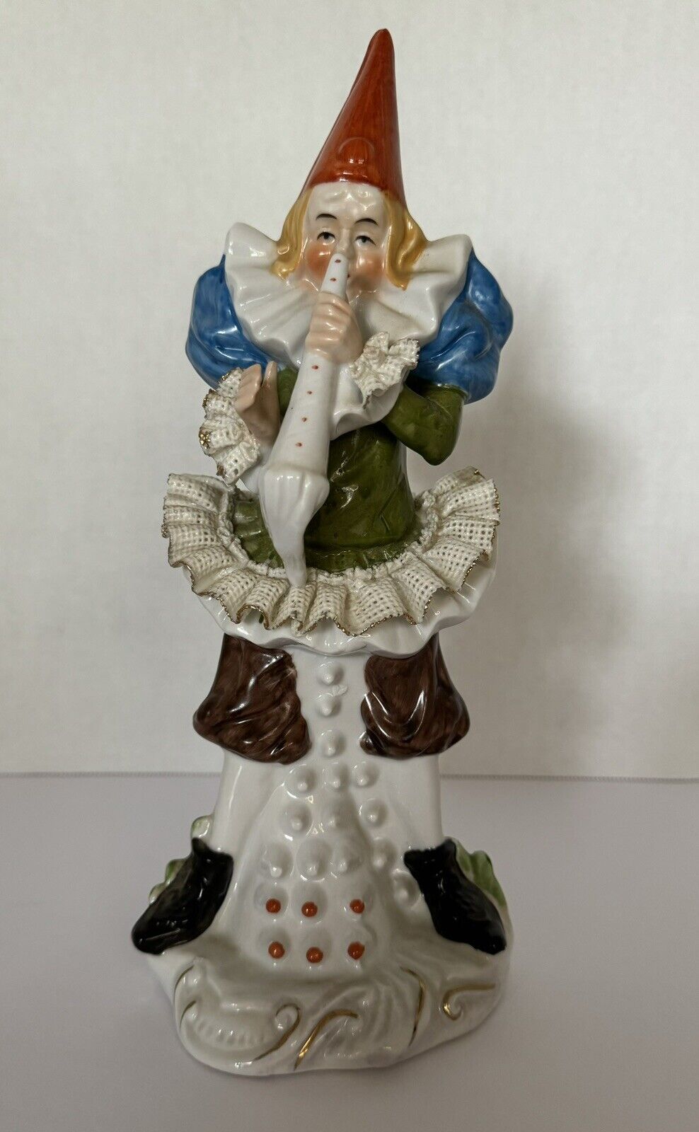 Vintage Fine LEGO Bisque Porcelain Figurine Clown Blowing Horn Lace Trim