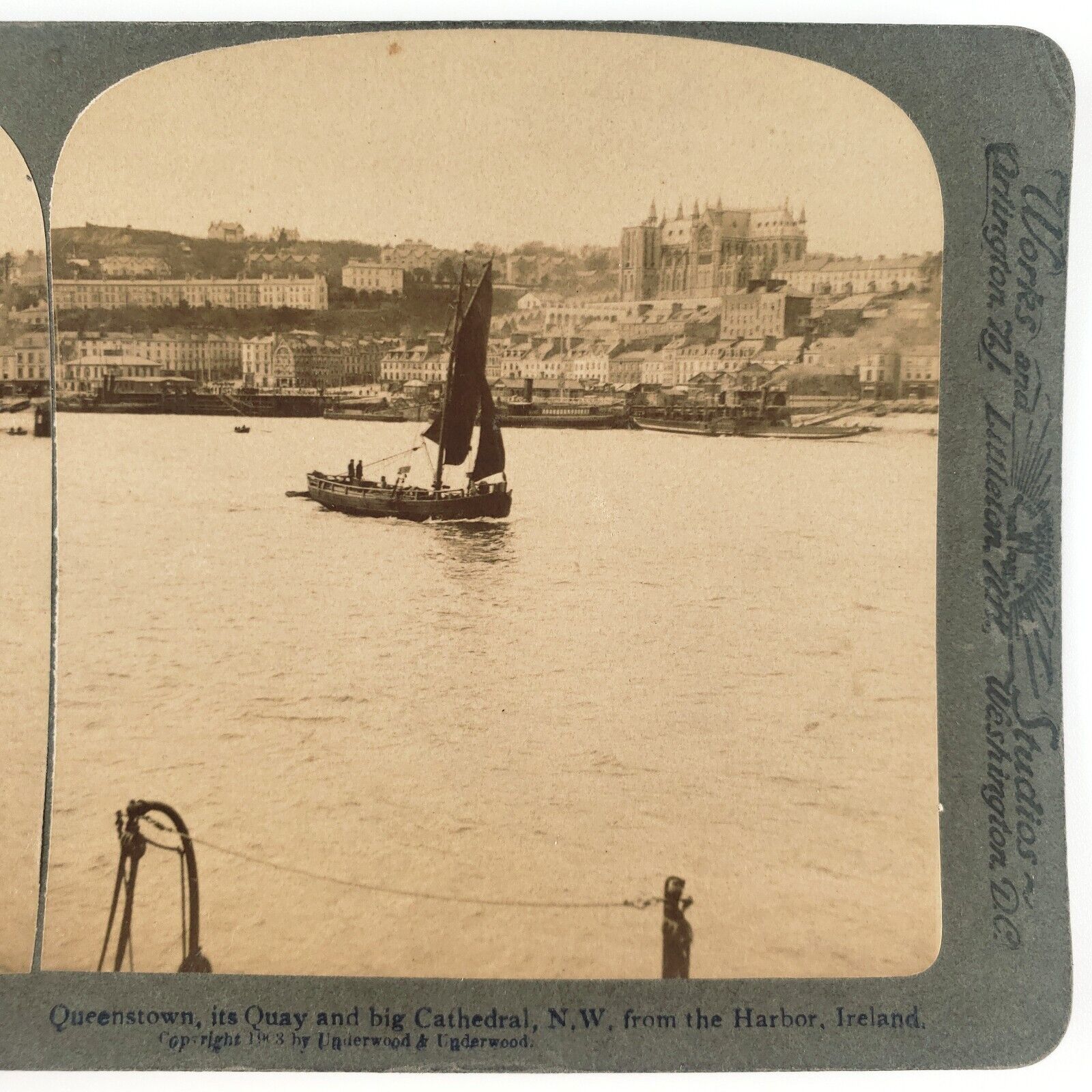 Cobh Ireland Harbor Sailboat Stereoview c1903 Queenstown Skyline Boats A2462