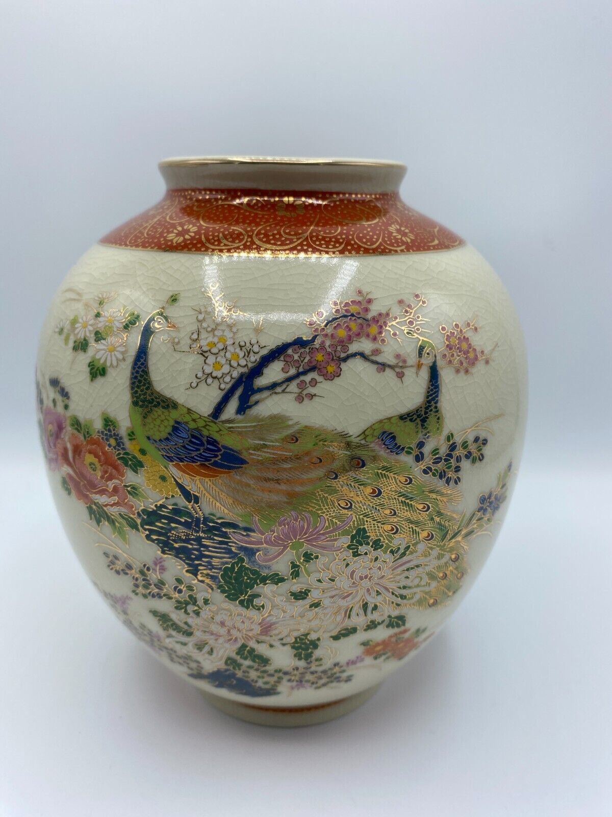 Large Vintage Satsuma Porcelain Vase Beauiful Peacock Peonies Trimmed