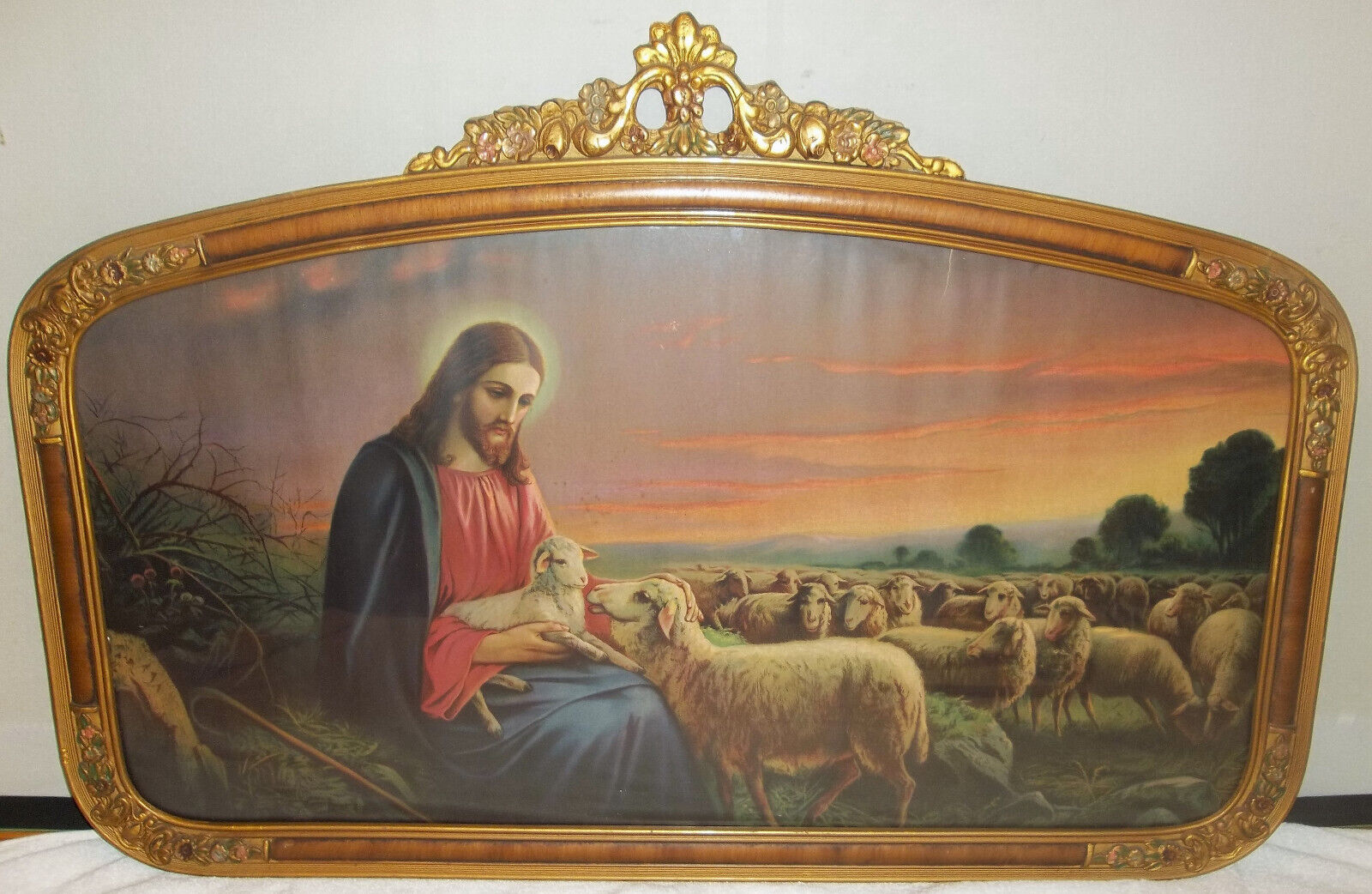 Antique Art Deco Framed Lithograph Jesus THE GOOD SHEPHERD Religious Print