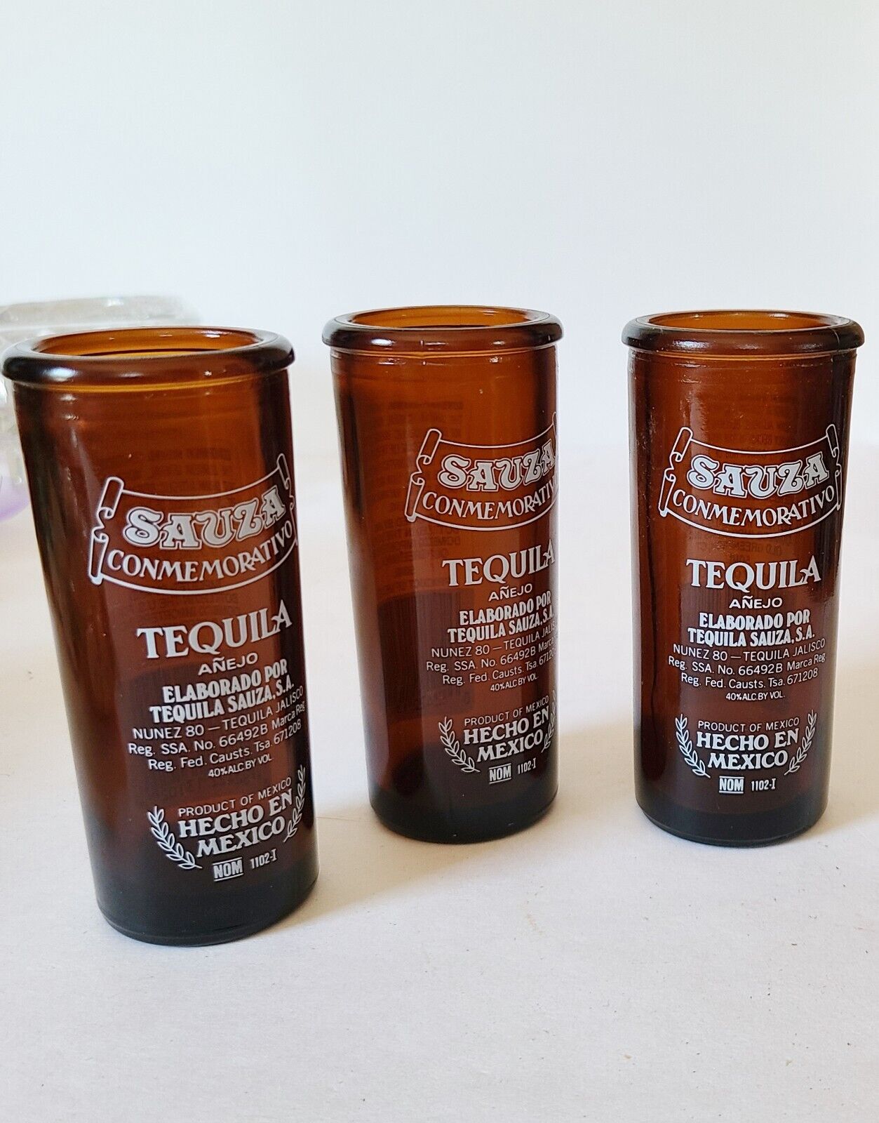 3 Sauza Conmemorativo Tequila Anejo Tall Shot Shooter Glasses Amber 2 oz Barware