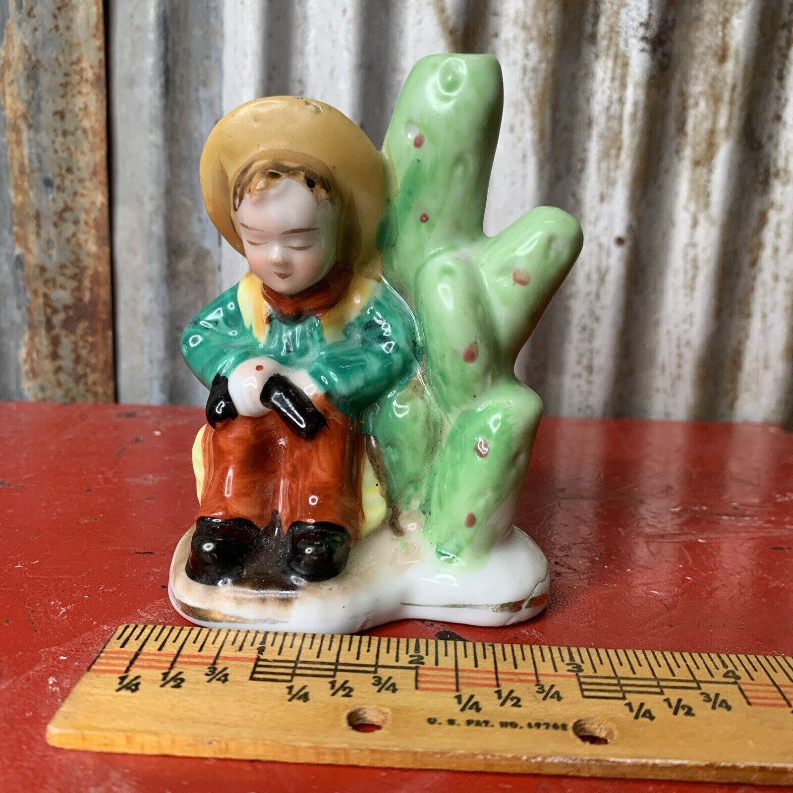 Vintage Made in Occupied Japan Cowboy by Cactus Bud Vase Figurine