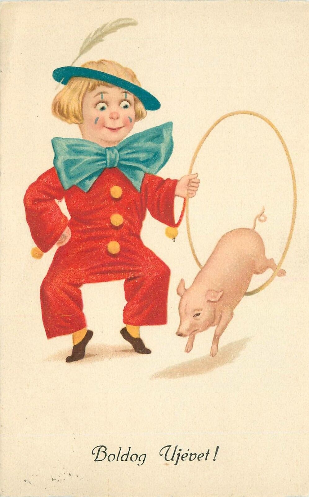 Postcard 1927 Happy New Year Child Pig jump hoop Comic Humor 22-13350