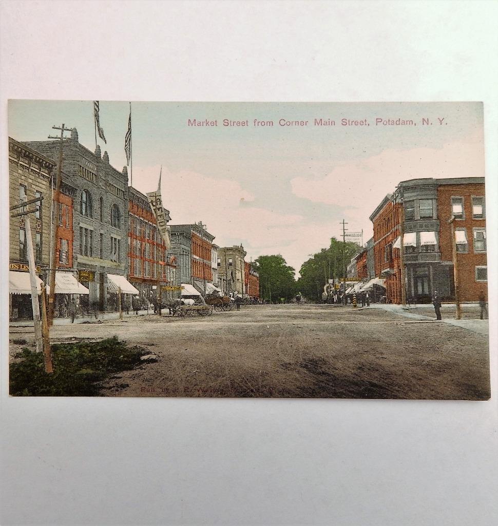 Potsdam N.Y. Market Street with Horse Drawn Wagon Antique Postcard