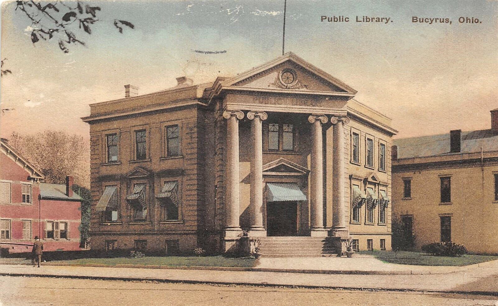 Bucyrus Ohio 1937 Postcard Public Library Hand Colored