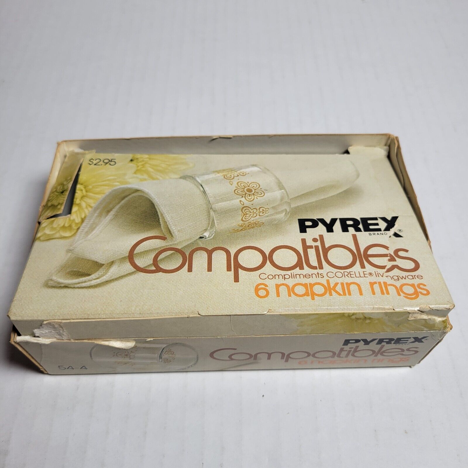 Vtg Pyrex Corelle Compatibles Butterfly Gold 6 Napkin Ring set Orig box