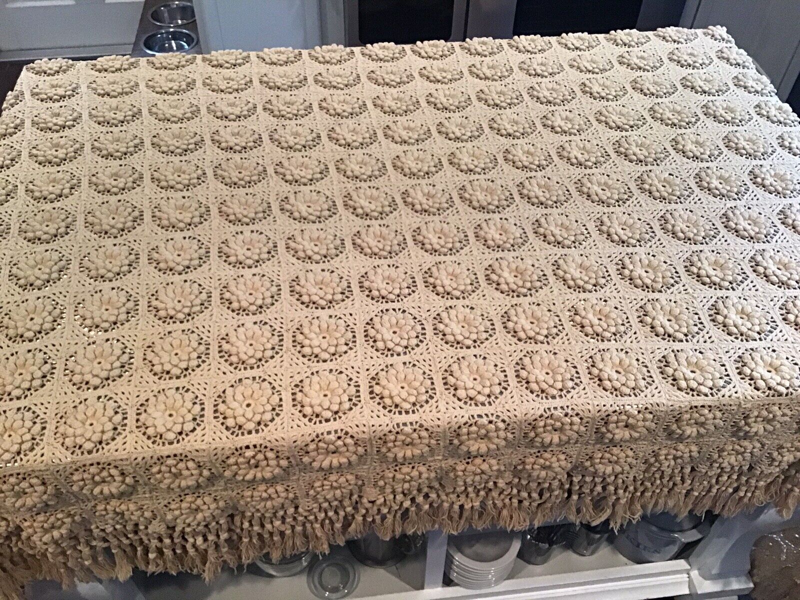 Large  Exceptional Antique Crochet Bedspread Fringed 105 By 101  Weighs 18 Lbs