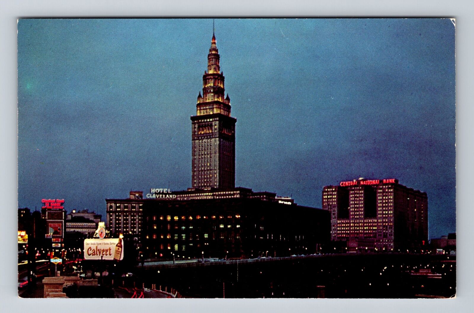 Cleveland OH-Ohio, Cleveland Skyline at Night, Antique Vintage Postcard