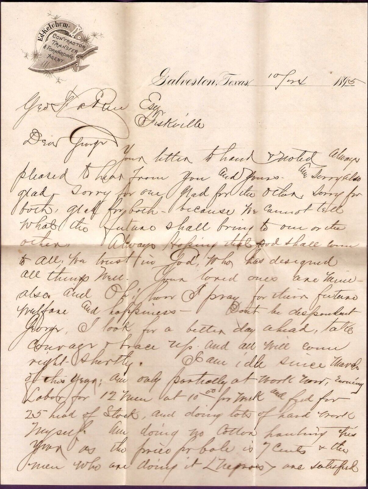 1895 Galveston Texas Contractor Letter Interesting Content Cotton Hauling
