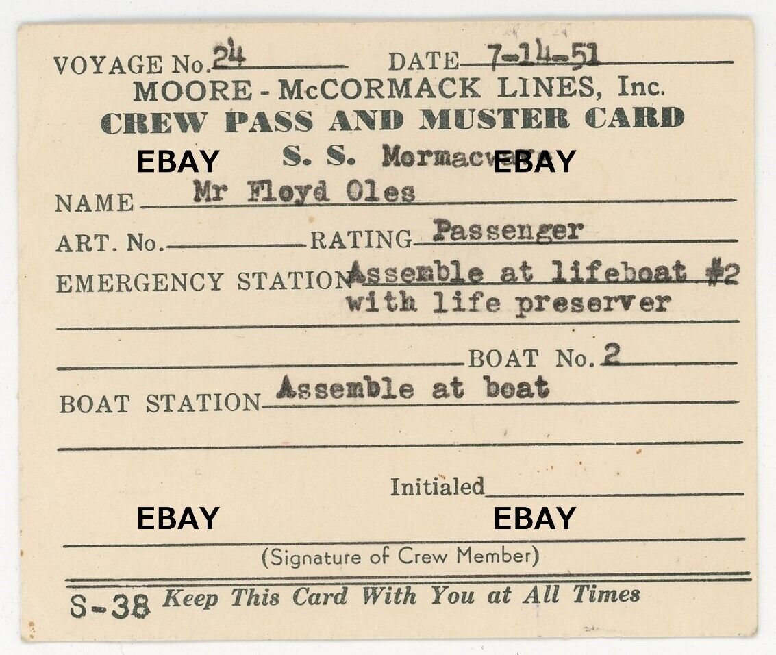 1951 SS Mormacwave Moore McCormack & Muster Card Voyage No 24 Passenger