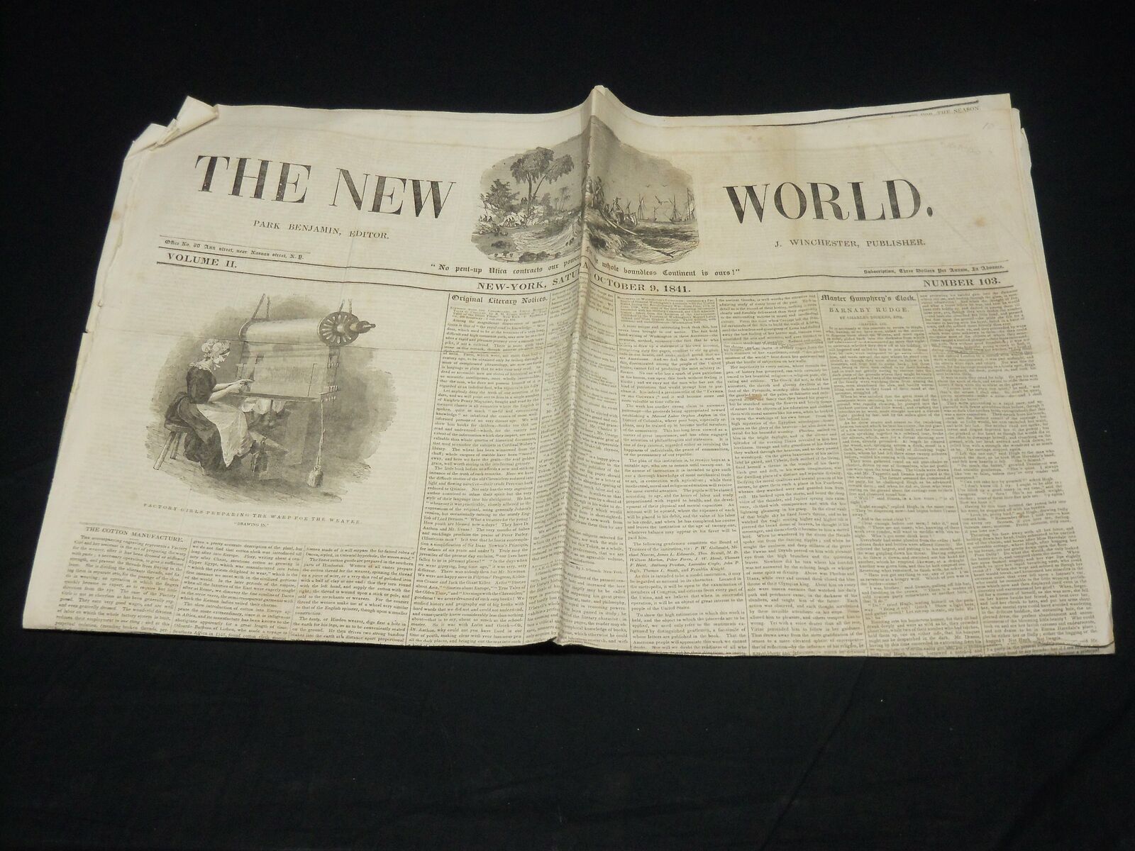 1841 OCTOBER 9 THE NEW WORLD NEWSPAPER -CHARLES DICKENS -BARNABY RUDGE - NP 4844