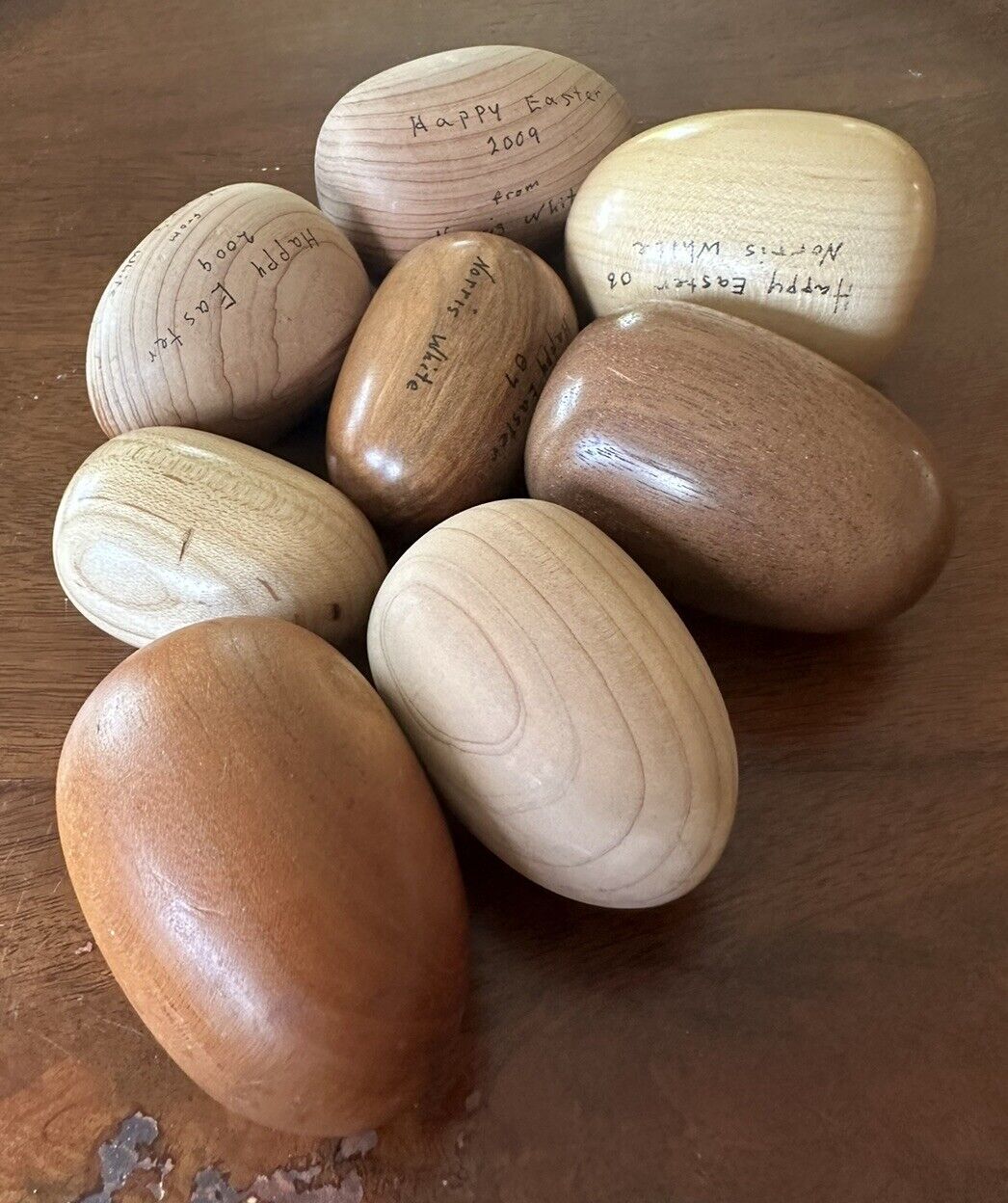 Wooden Eggs Handmade Polished Decorative Signed  Lot Of 8 Easter Norris White