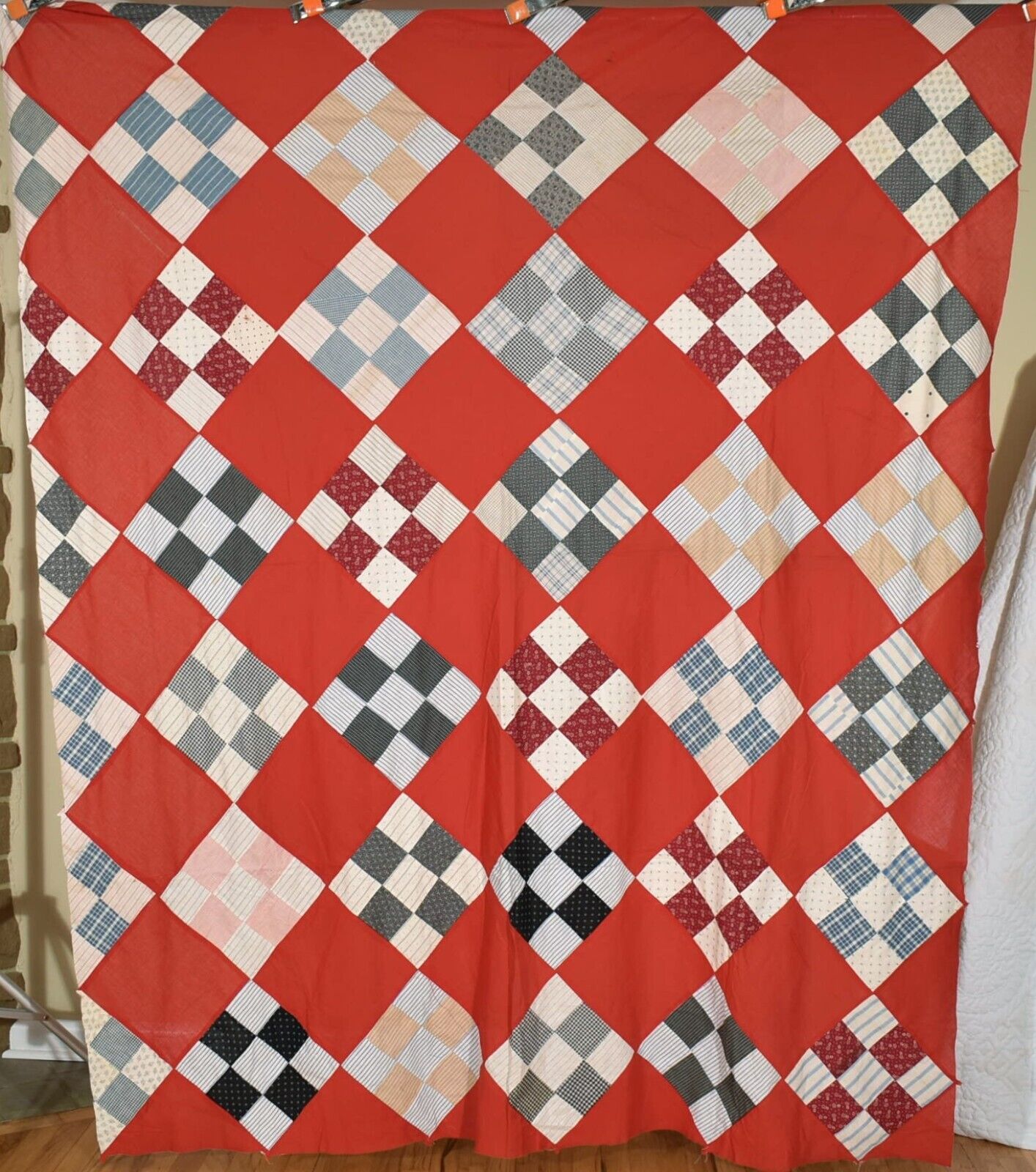 VIBRANT Vintage 1890's Nine Patch Antique Quilt Top ~NICE SOLID RED BACKGROUND