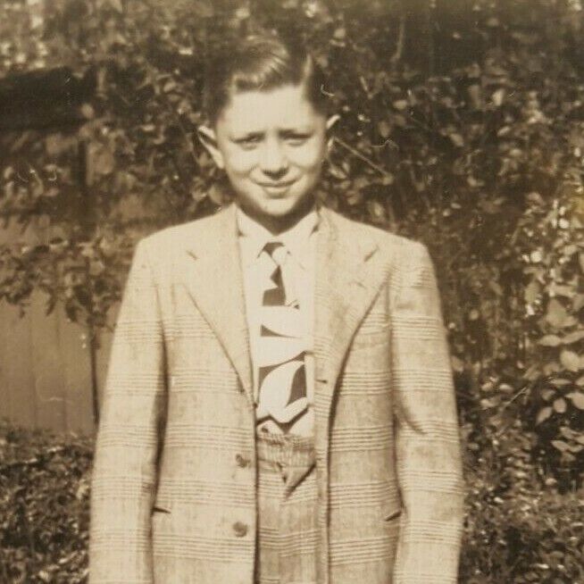 Vintage 1940s B&W Photograph Young Boy Dressed in Sunday Best Phila. Backyard