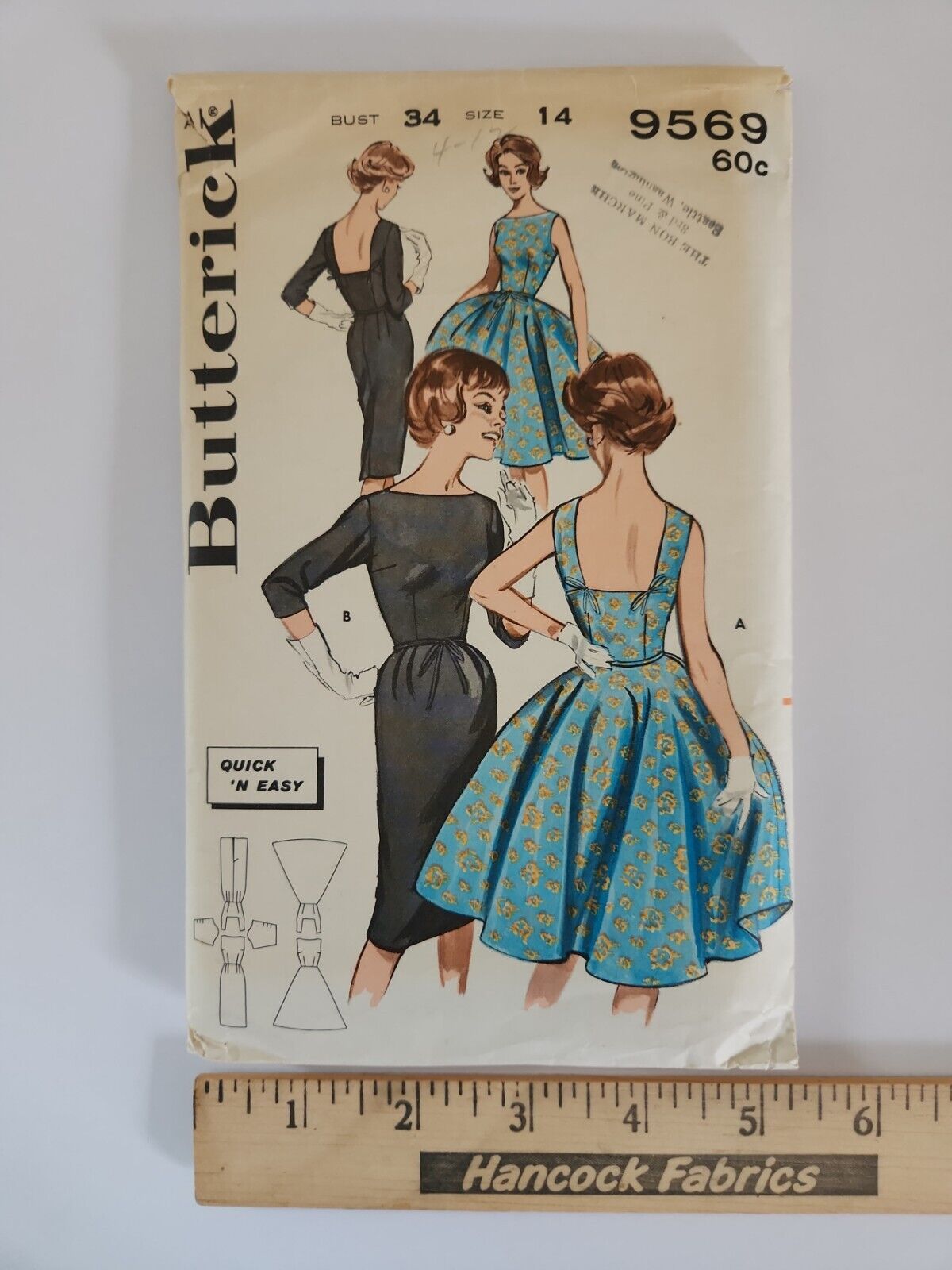 Vintage 1960s Butterick 9569 Quick N Easy Formal Dress Pattern Size 14 Bust 34