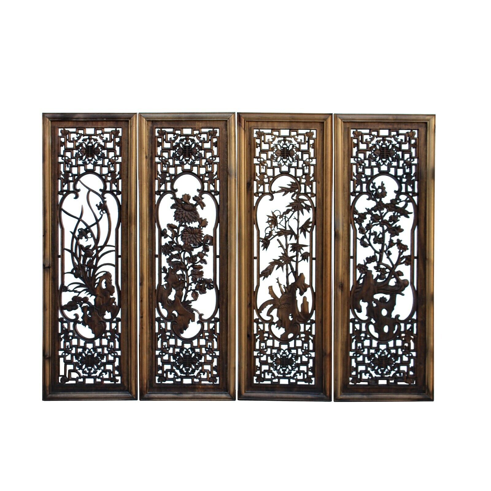 Chinese Set Vintage Distressed 4 Seasons Flower Wooden Wall Plaque Panels cs6042