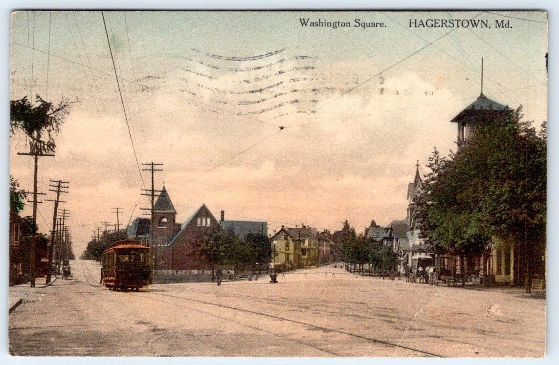 1912 HAGERSTOWN MARYLAND*MD*WASHINGTON SQUARE TROLLEY CAR HAND COLORED POSTCARD
