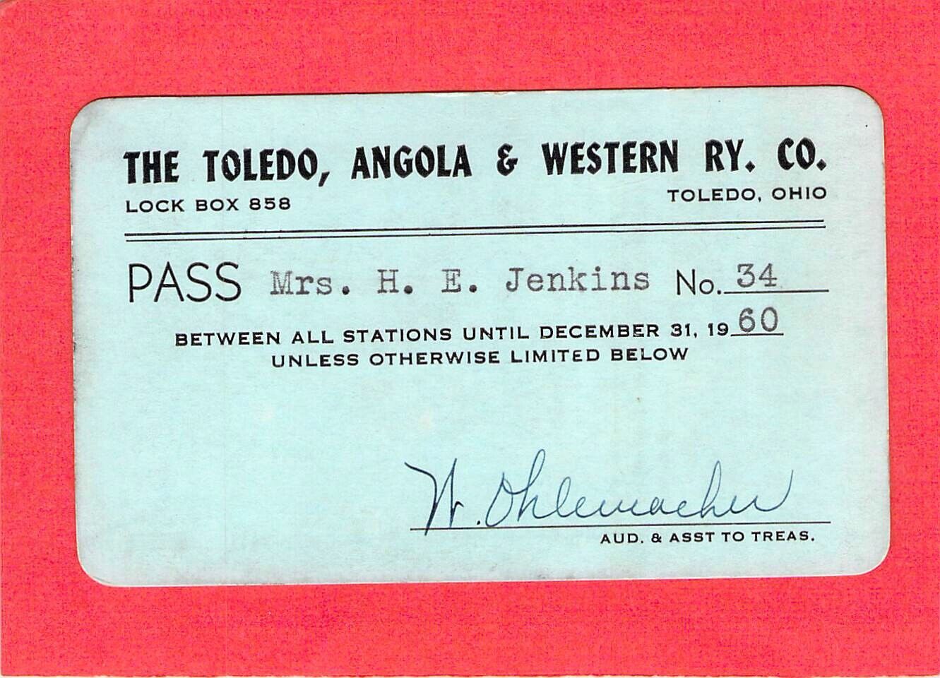 TOLEDO ANGOLA WESTERN LOW # 34 RAILROAD RAILWAY RR RY PASS 