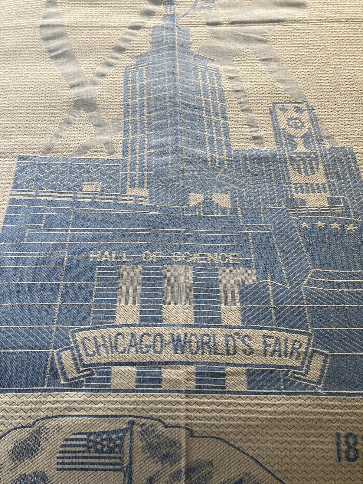 Rare Vintage 1933 Chicago World\'s Fair Woven Cotton Bedspread Blue & White
