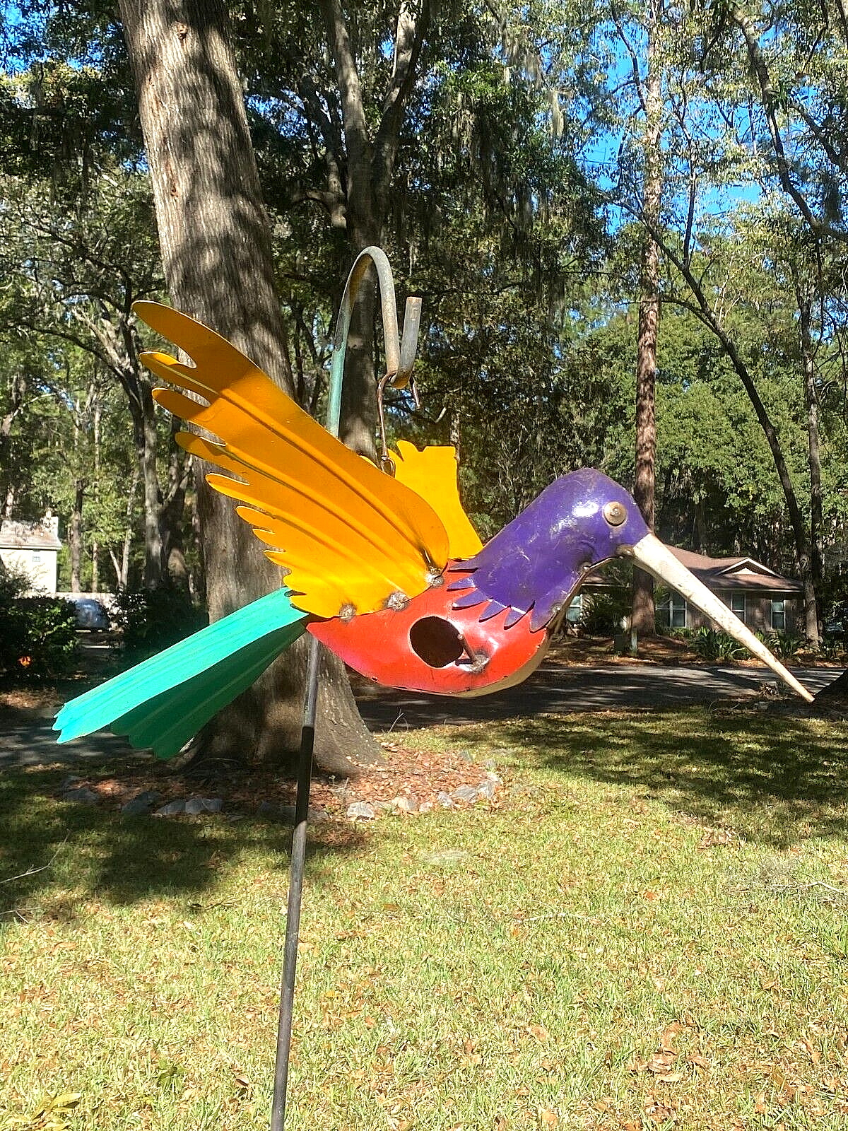 Large Metal Colorful Hanging Hummingbird Shape Birdhouse Yard Art