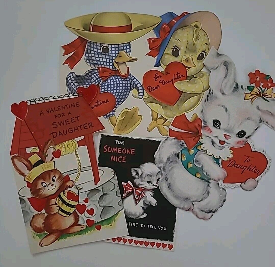 4 Vtg FRONTS ONLY VALENTINE For DAUGHTER & Someone Nice CAT Bunny CHICKS CARDS