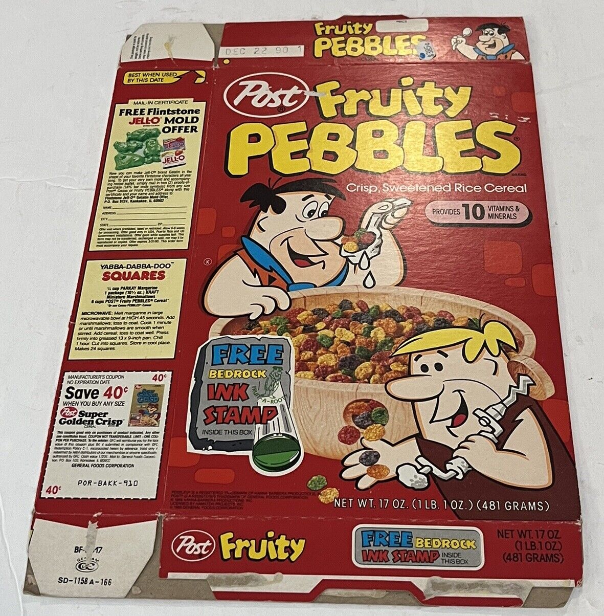 Fruity Pebbles Empty Cereal Box 1990 Flintstones Ink Stamper Promo Vintage Fred